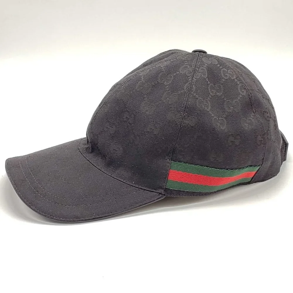 100% Authentic Gucci Cap Black Canvas Leather Hat Unisex - Picture 3 of 11